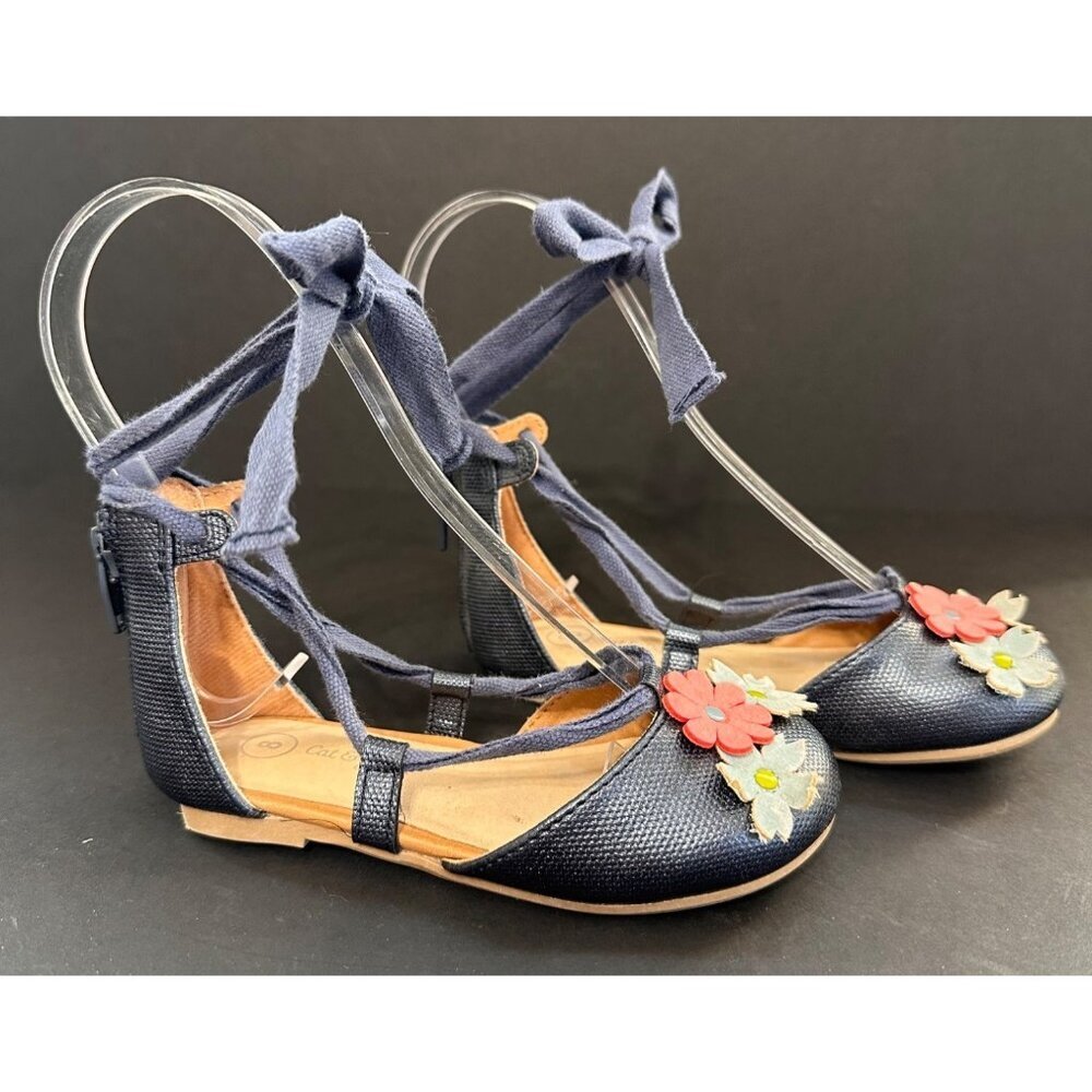 Cat & Jack Tie Up Ballet Flats Girls 8 Blue Floral Leather